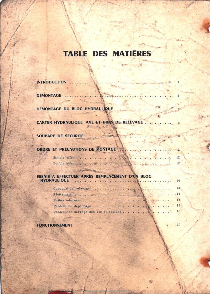 Deuxième page du Manuel de service tracteurs Mc Cormick International 265, 267 et 237 - Relevages hydrauliques MODULOR simple et double effet