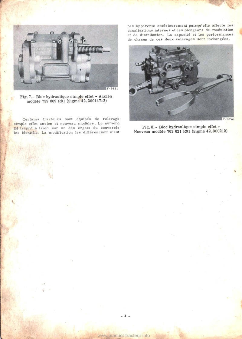 Sixième page du Manuel de service tracteurs Mc Cormick International 265, 267 et 237 - Relevages hydrauliques MODULOR simple et double effet