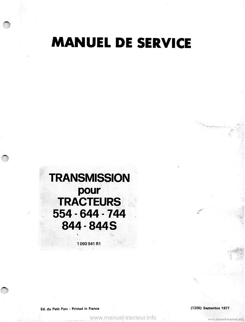Première page de la revue technique - Manuel de service Transmission International IH 644, 744, 844 et 844S