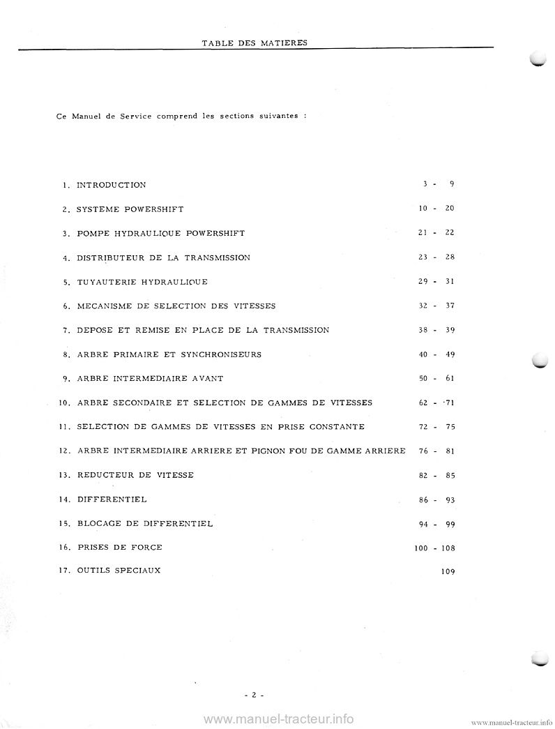 Page 1 du sommaire - Manuel de service Transmission International IH 644, 744, 844 et 844S