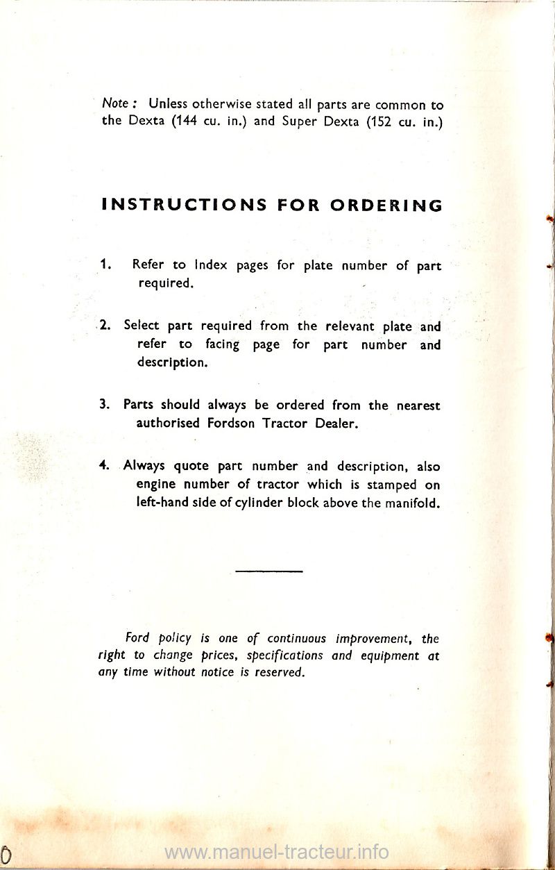 Deuxième page du Catalogue pièces détachées FORD Dexta Super Dexta 1965
