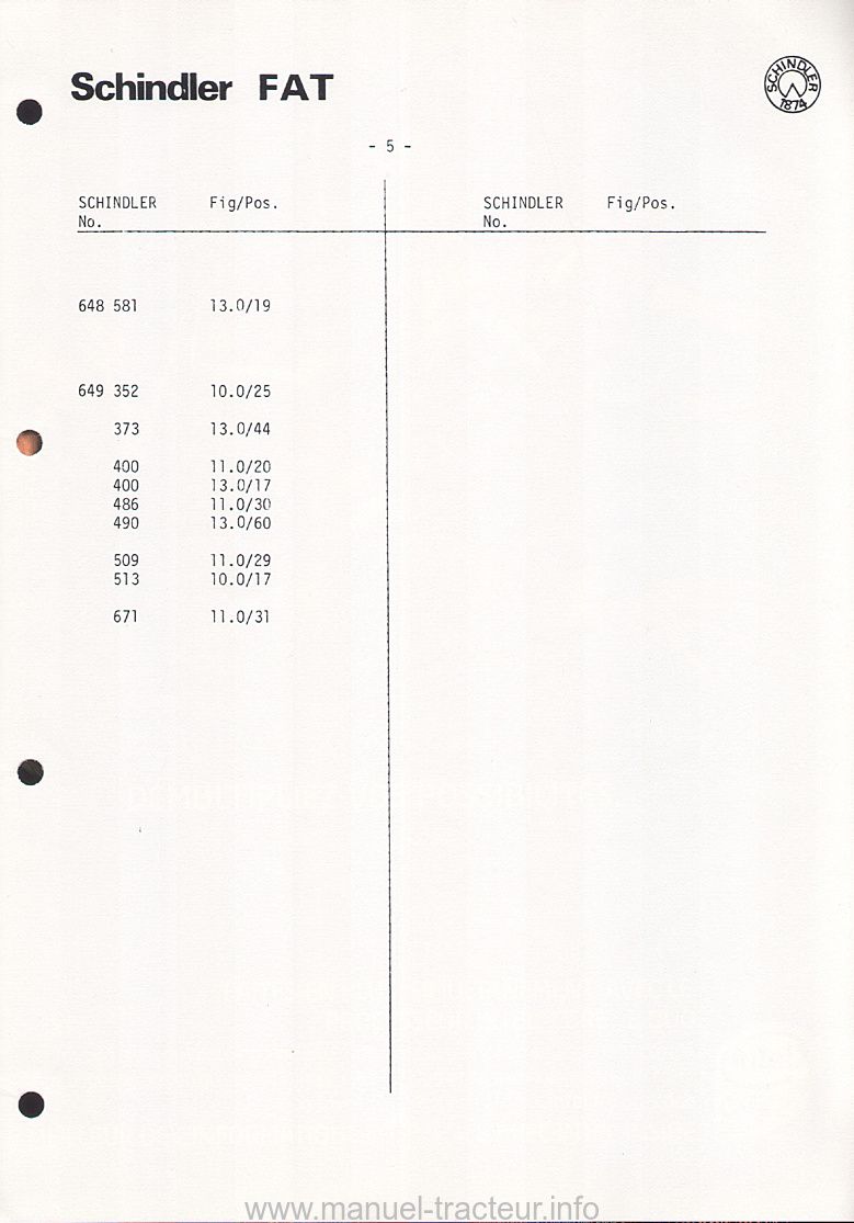 Sixième page du Catalogue pièces pont avant Schindler FORD 8100 8200