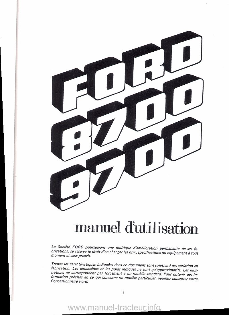 Deuxième page du manuel d'utilisation des tracteurs Ford 8700 et 9700