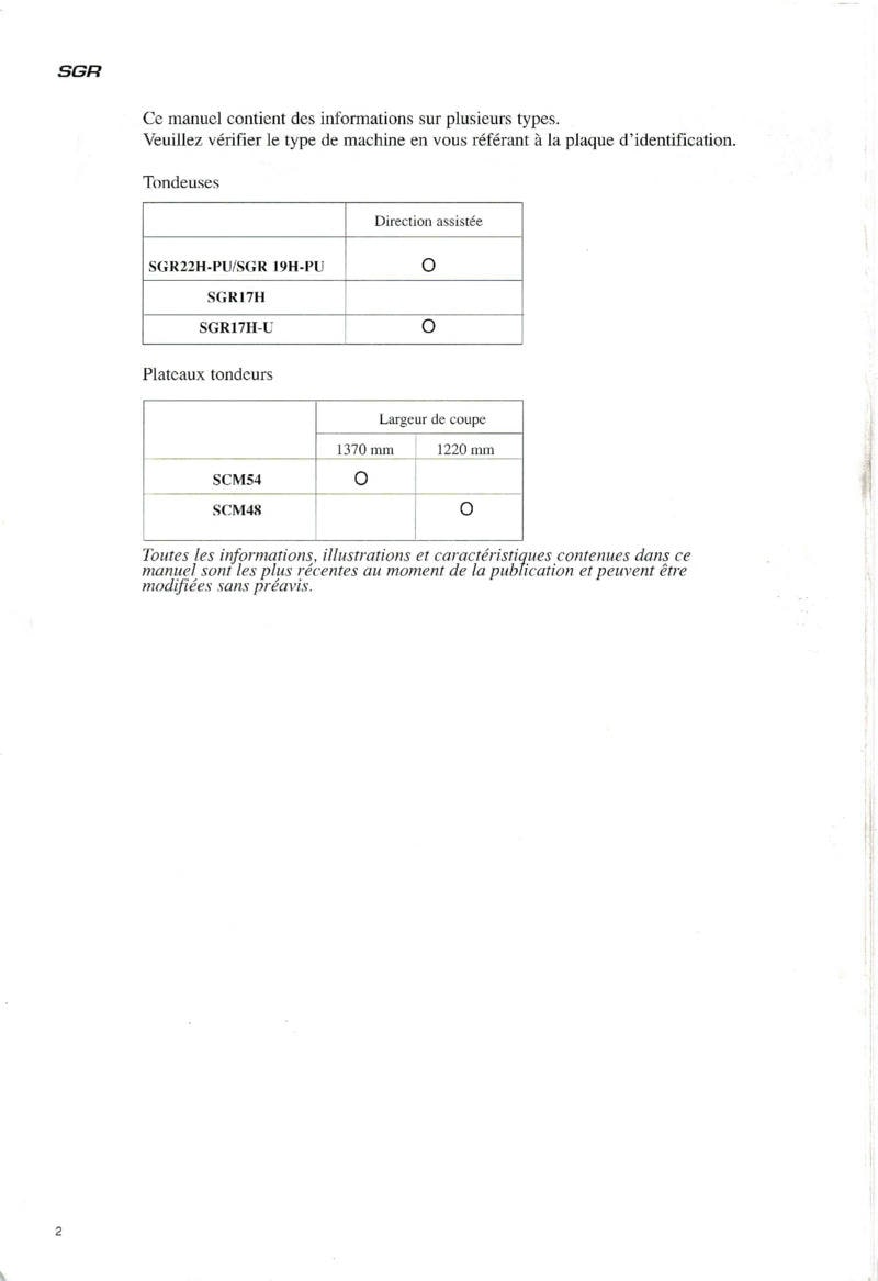 Deuxième page du Notice d'emploi pour tondeuse autoportée ISEKI SGR 17,19 et 22