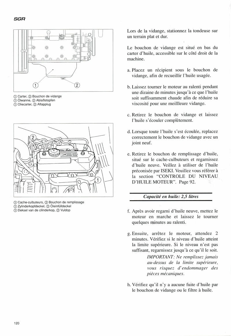 Cinquième page du Notice d'emploi pour tondeuse autoportée ISEKI SGR 17,19 et 22