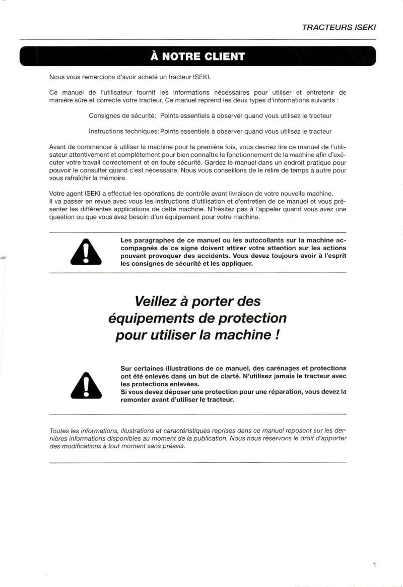 Deuxième page du Notice d'emploi pour les tracteurs ISEKI TH4330 TH4290 TH4260