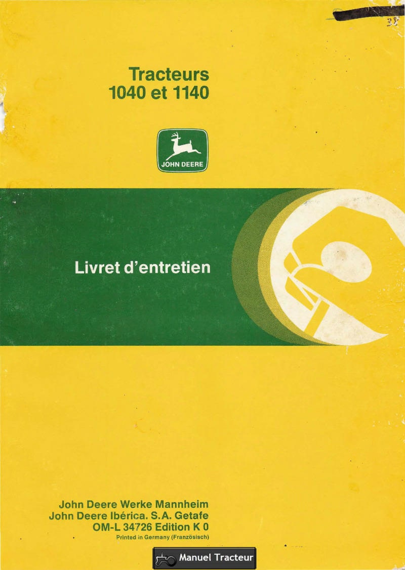 Première page du Livret entretien tracteurs John Deere 1040 1140
