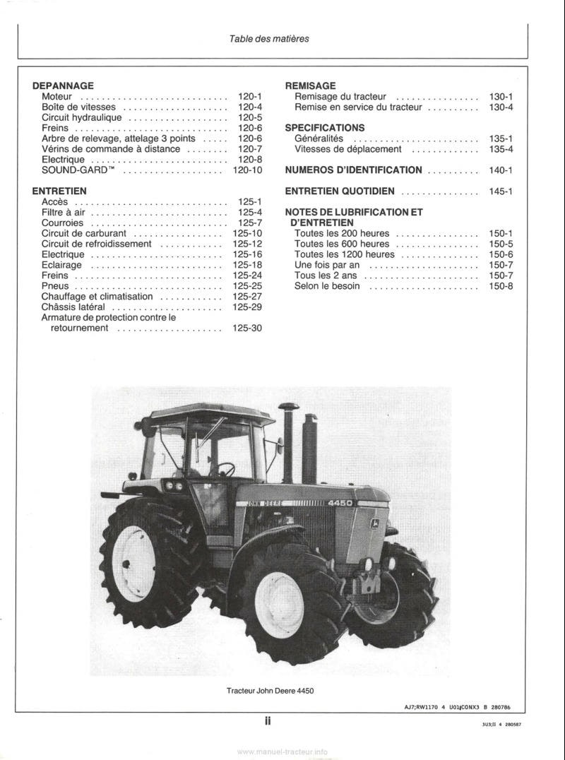 Troisième page du Livret entretien tracteurs John Deere 4050 4250 4450 4650 4850