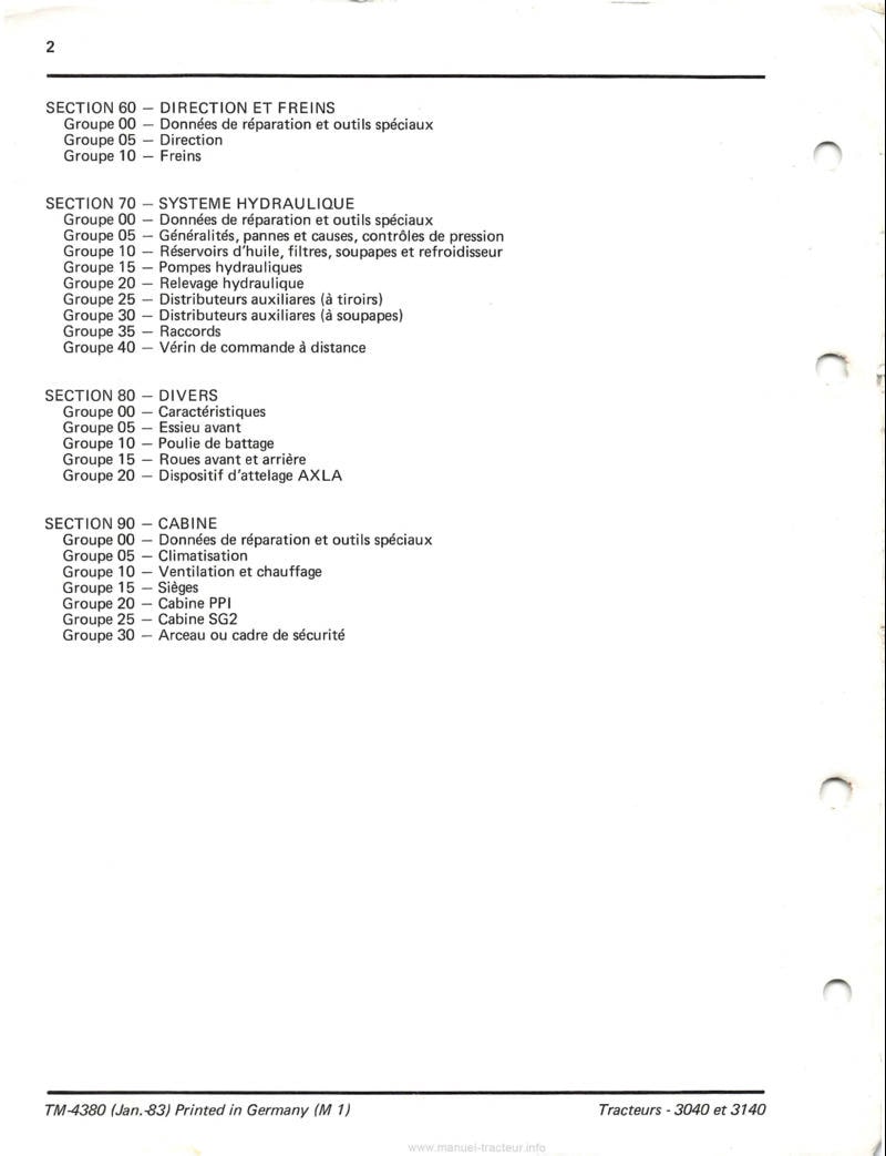 Troisième page du Manuel technique tracteurs John Deere 3040 et 3140