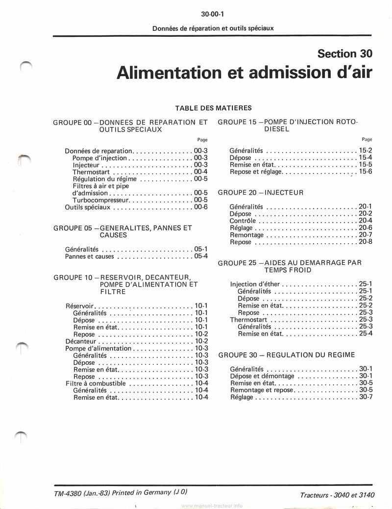 Dixième page du Manuel technique tracteurs John Deere 3040 et 3140