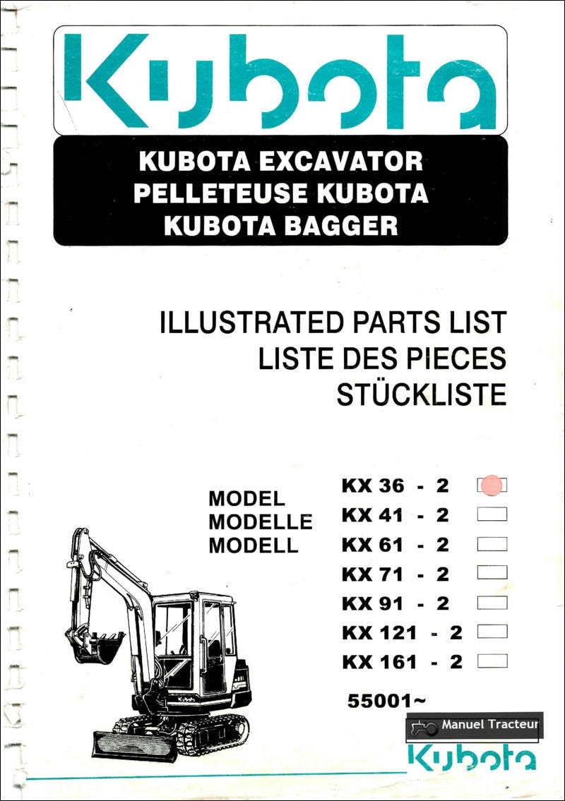 Première page du Liste des pièces détachées pelleteuse Kubota KX36-2