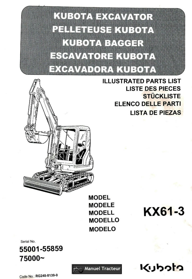 Première page du Liste des pièces détachées pelleteuse Kubota KX61-3