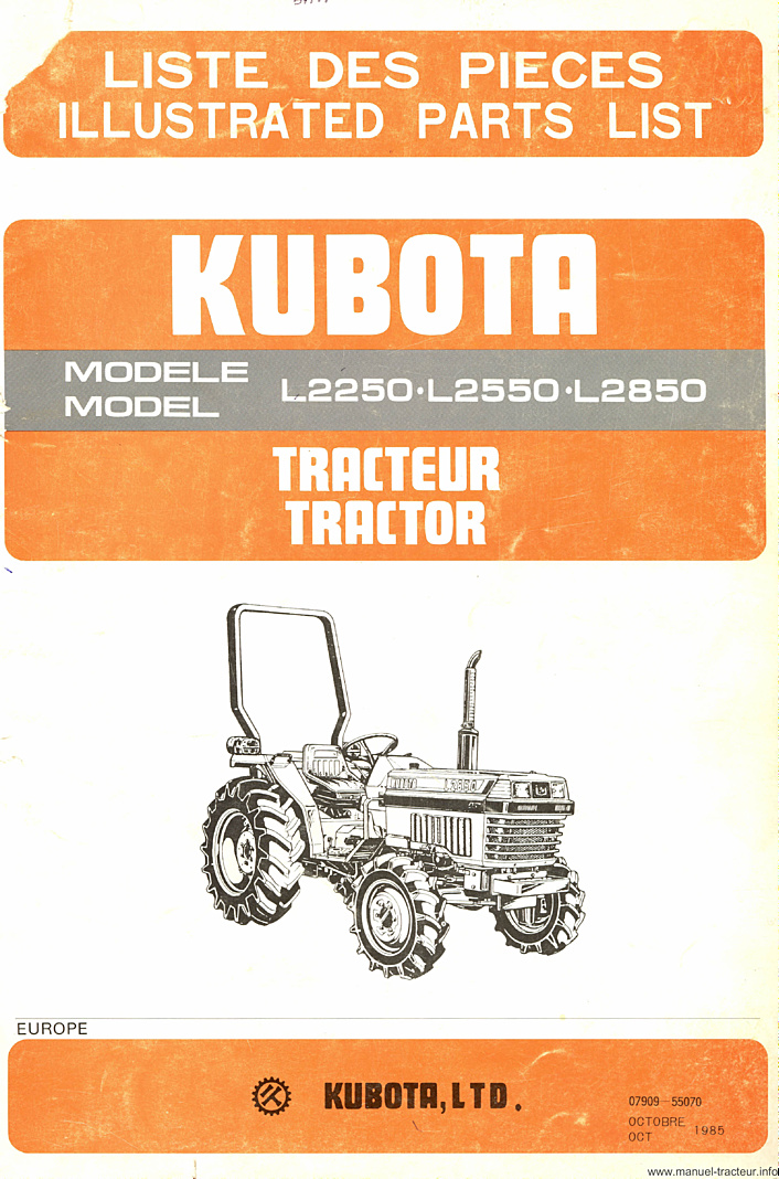 Première page du Catalogue pièces détachées KUBOTA L 2250 2550 2850
