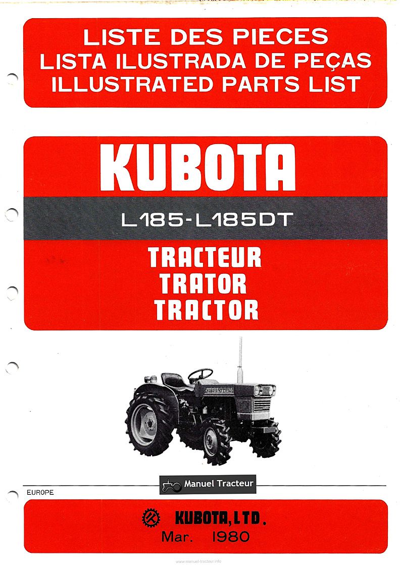 Première page du Liste des pièces de rechange tracteurs Kubota L185 L185DT