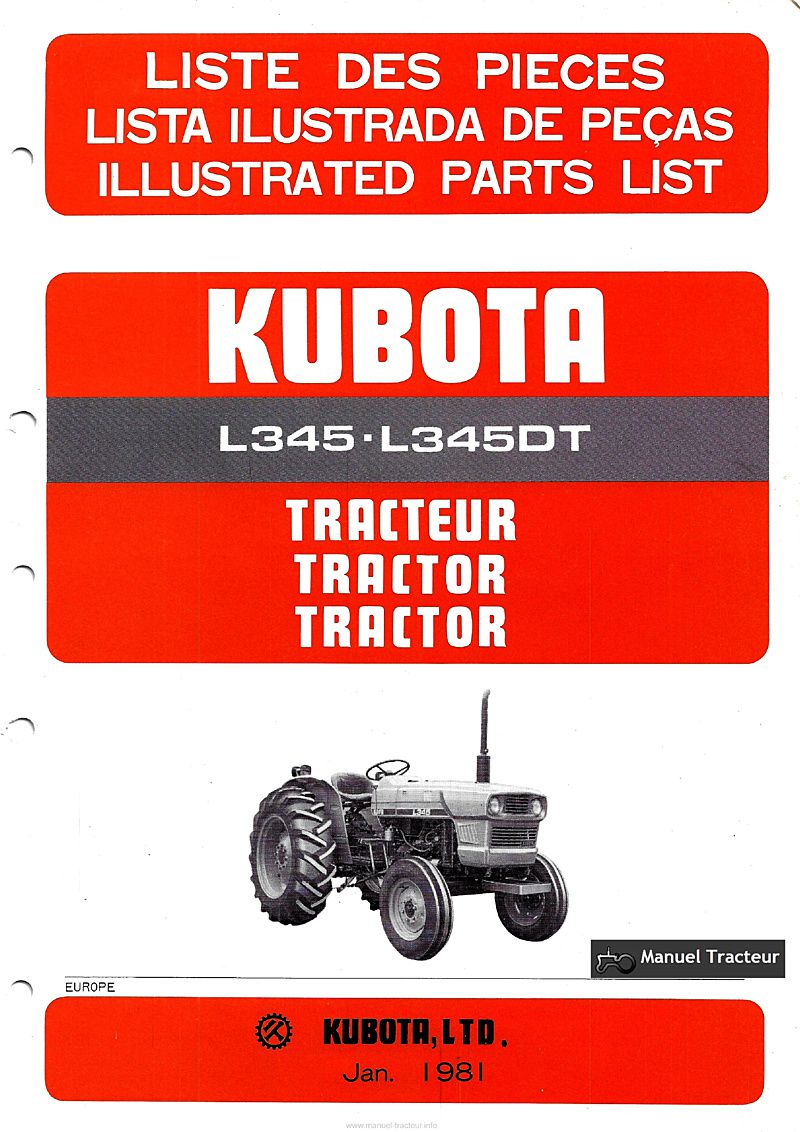 Première page du Liste des pièces de rechange tracteurs Kubota L345 L345DT