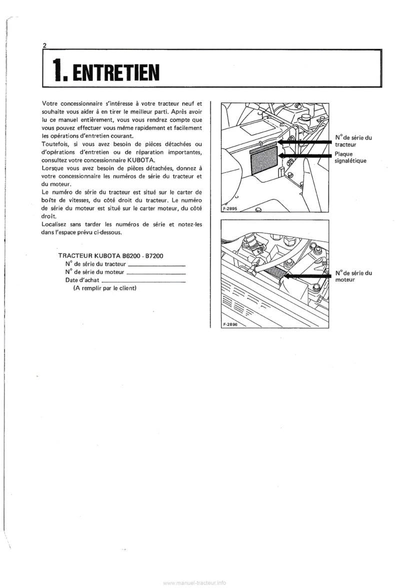 Page 2 du manuel d'atelier - Manuel utilisateur tracteurs Kubota B6200 B7200