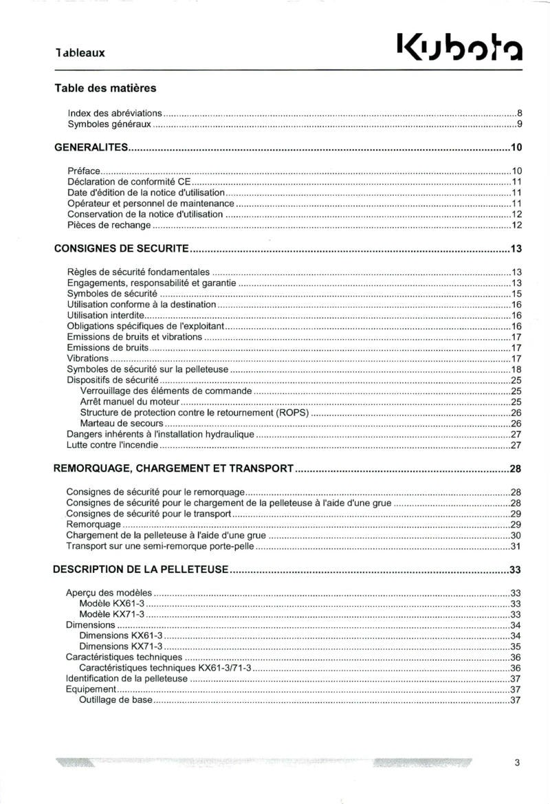 Deuxième page du Notice Utilisation mini pelleteuse Kubota KX61-3 KX71-3