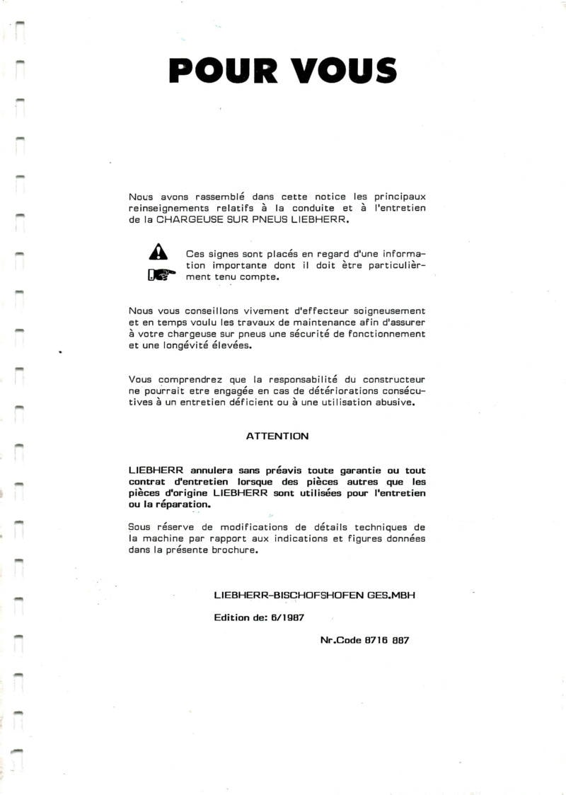 Deuxième page du Manuel d'instruction chargeuses sur pneu LIEBHERR L511 L521