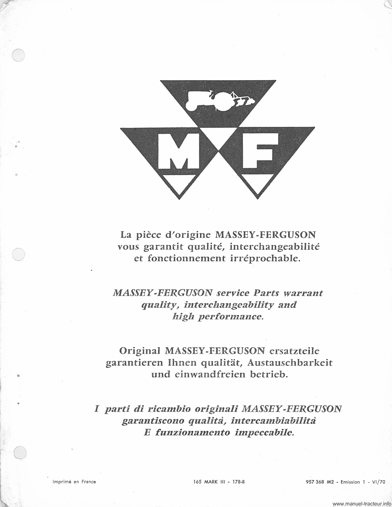 Deuxième page du Catalogue pièces rechange MASSEY FERGUSON MF 165 Mark III 178-8
