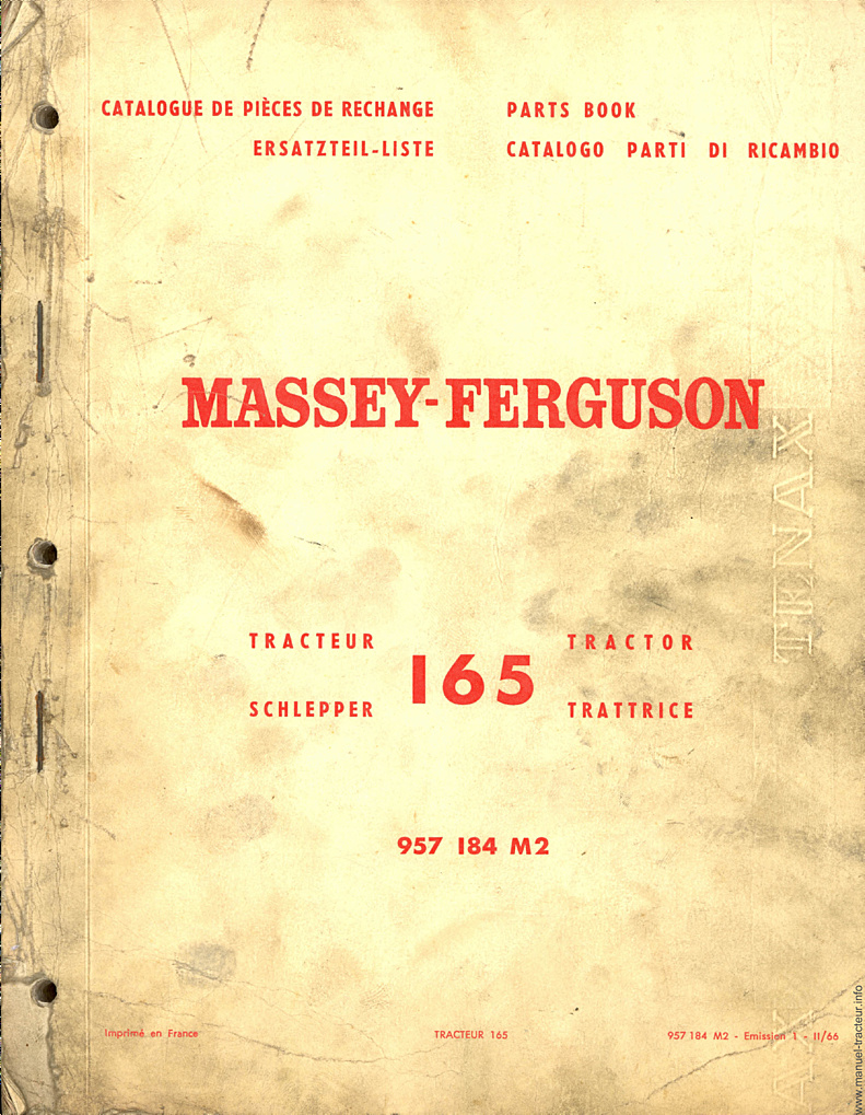 Première page du Catalogue pièces détachées MASSEY FERGUSON MF 165