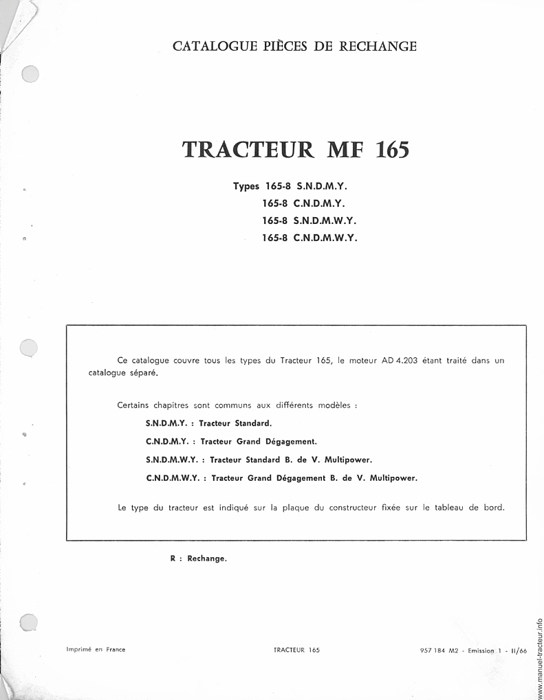 Troisième page du Catalogue pièces détachées MASSEY FERGUSON MF 165