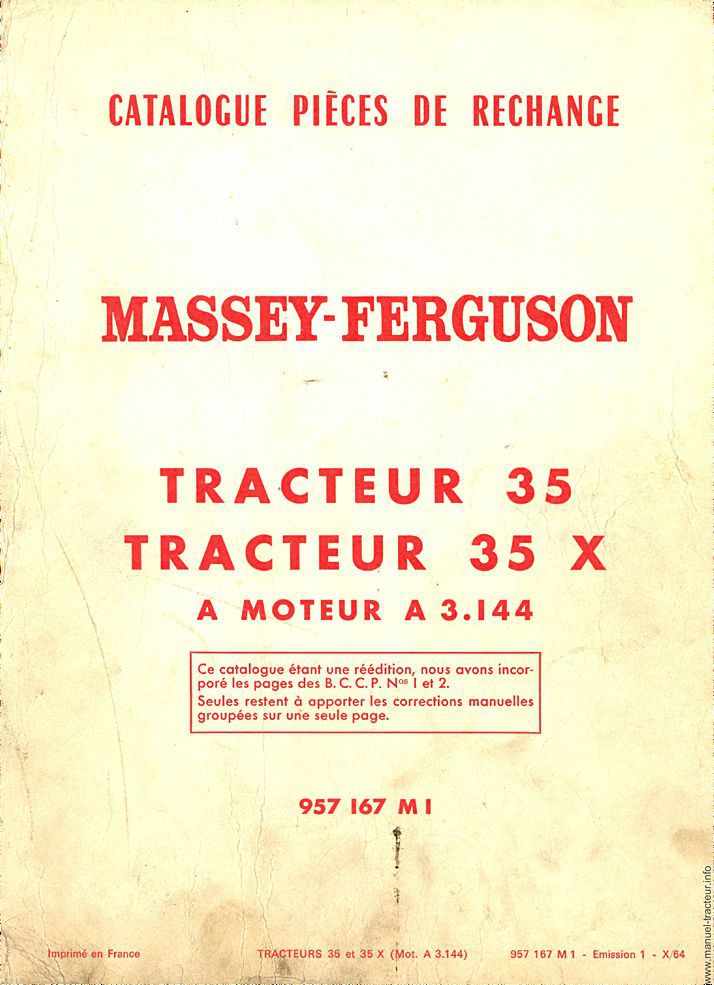 Première page du Catalogue pièces rechange les MASSEY FERGUSON MF 35 35 X
