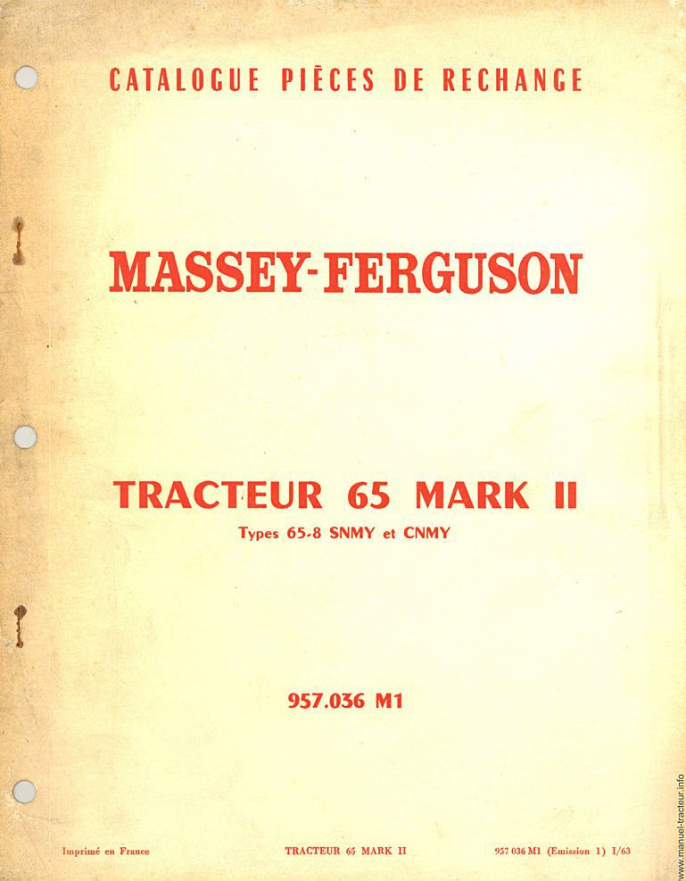 Première page du Catalogue pièces détachées MASSEY FERGUSON MF 65 mark II