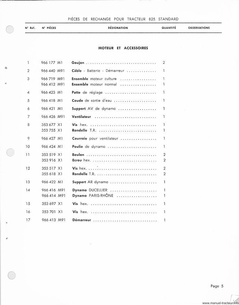 Sixième page du Catalogue pièces rechange MASSEY FERGUSON MF 825 Standard
