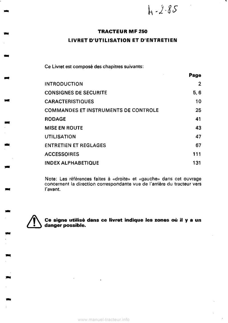 Deuxième page du Livret d'entretien tracteur MF 250