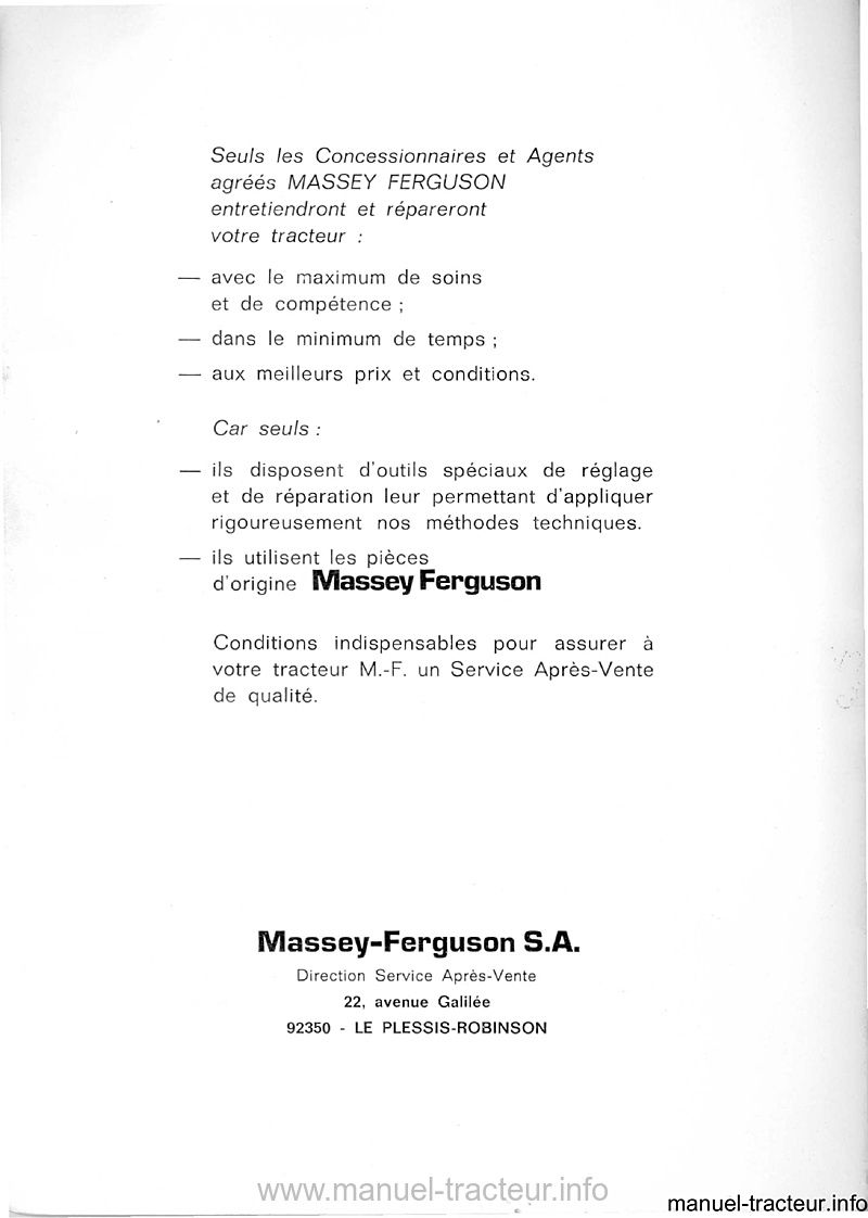 Deuxième page du Livret entretien MASSEY FERGUSON MF 158