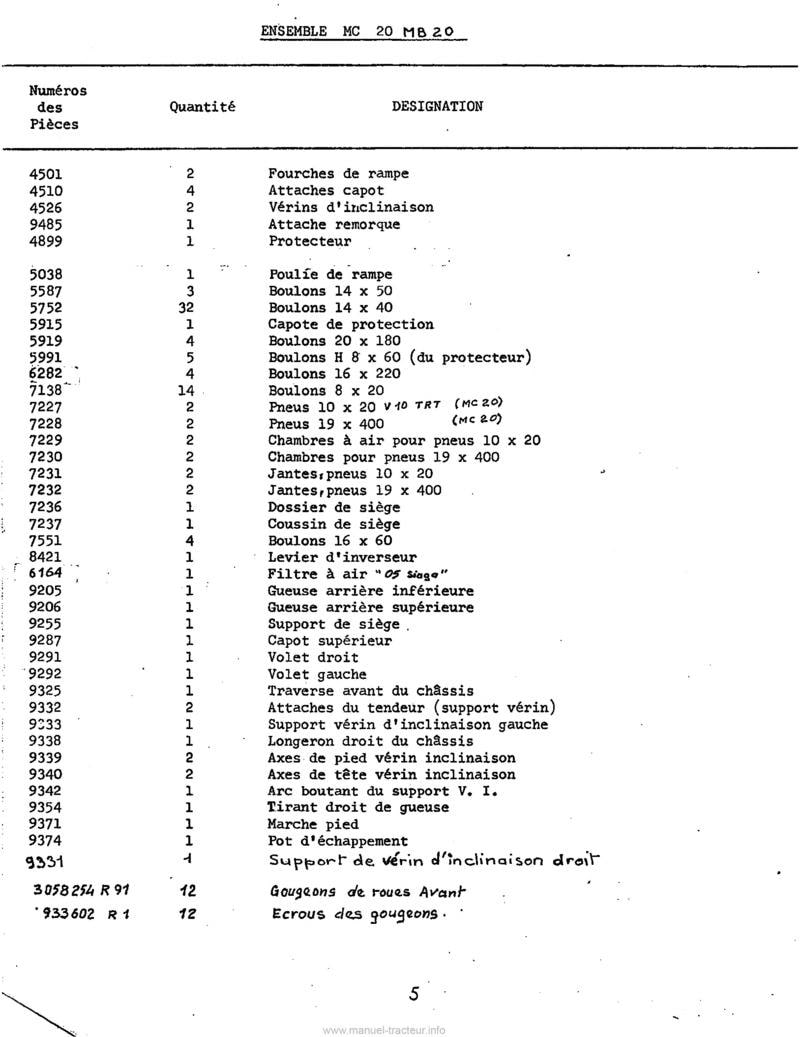 Extrait de la notice technique - Catalogue pièces détachées Manitou MC20 MB20