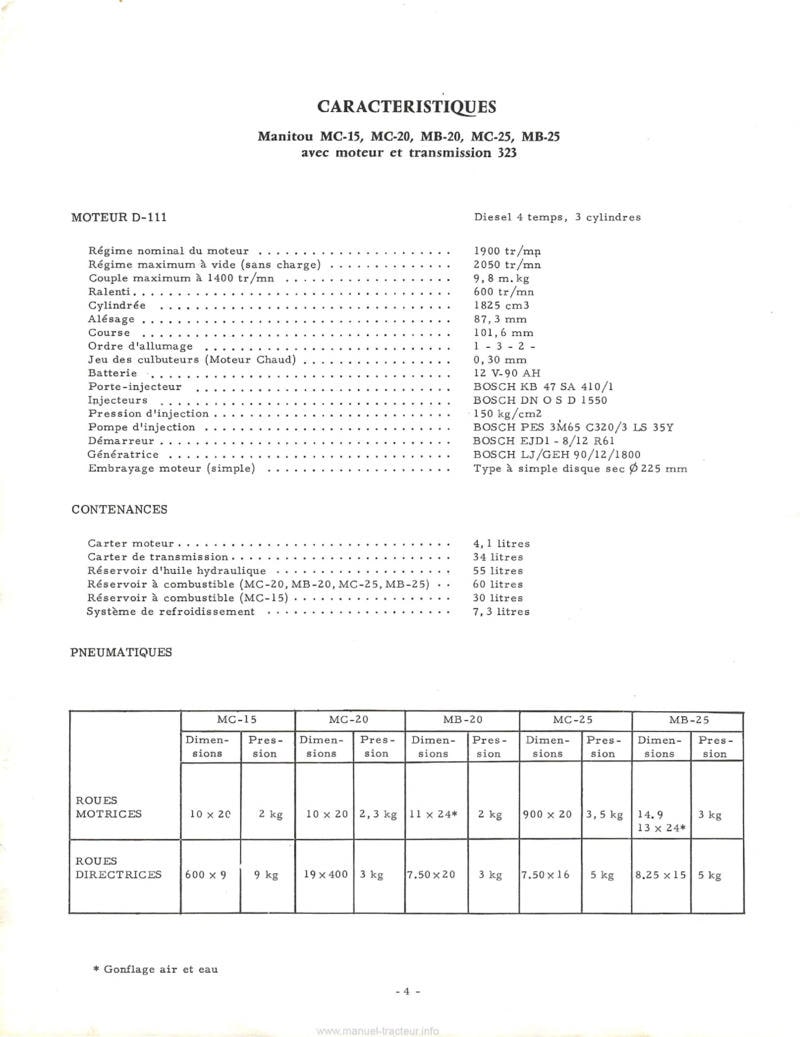 Extrait du guide de réparation - Livret entretien Manitou MC15 MC20 MC20E MC25 MB20 MB25 MB25-1 MB30