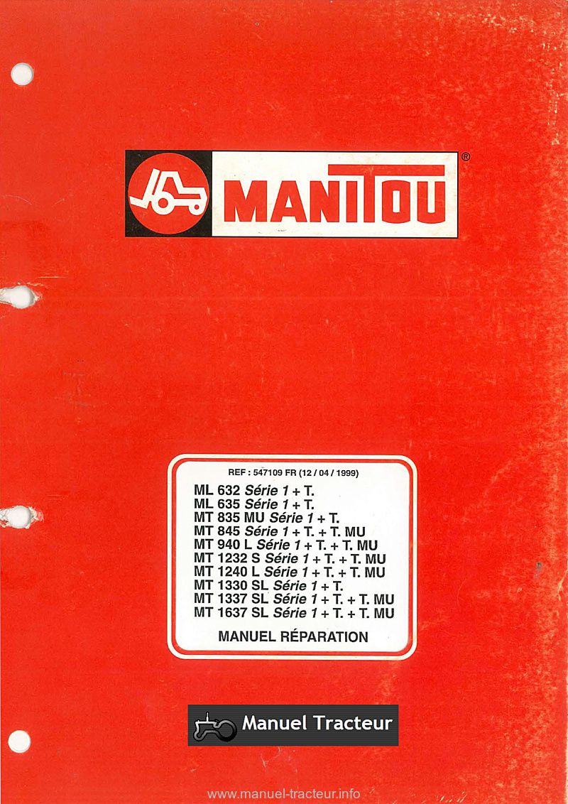 Première page du Manuel de réparation MANITOU ML MT 632 635 835 845 940 1232 1240 1330 1337 1637 L SL Turbo MONO-ULTRA