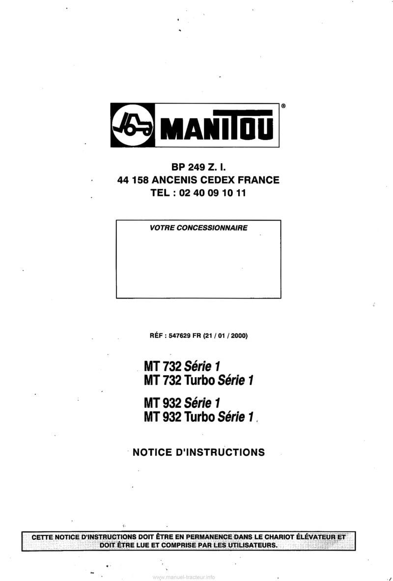 Première page de la revue technique - Notice instructions chariot élévateur Manitou MT 732 932 Série 1 Turbo