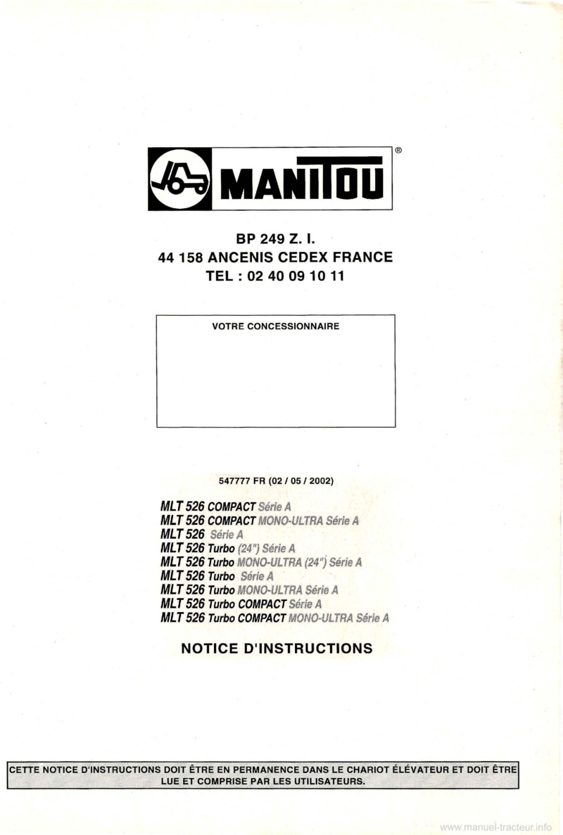 Première page du Notice d'instructions chariot élévateur MANITOU MLT 526 Compact Turbo