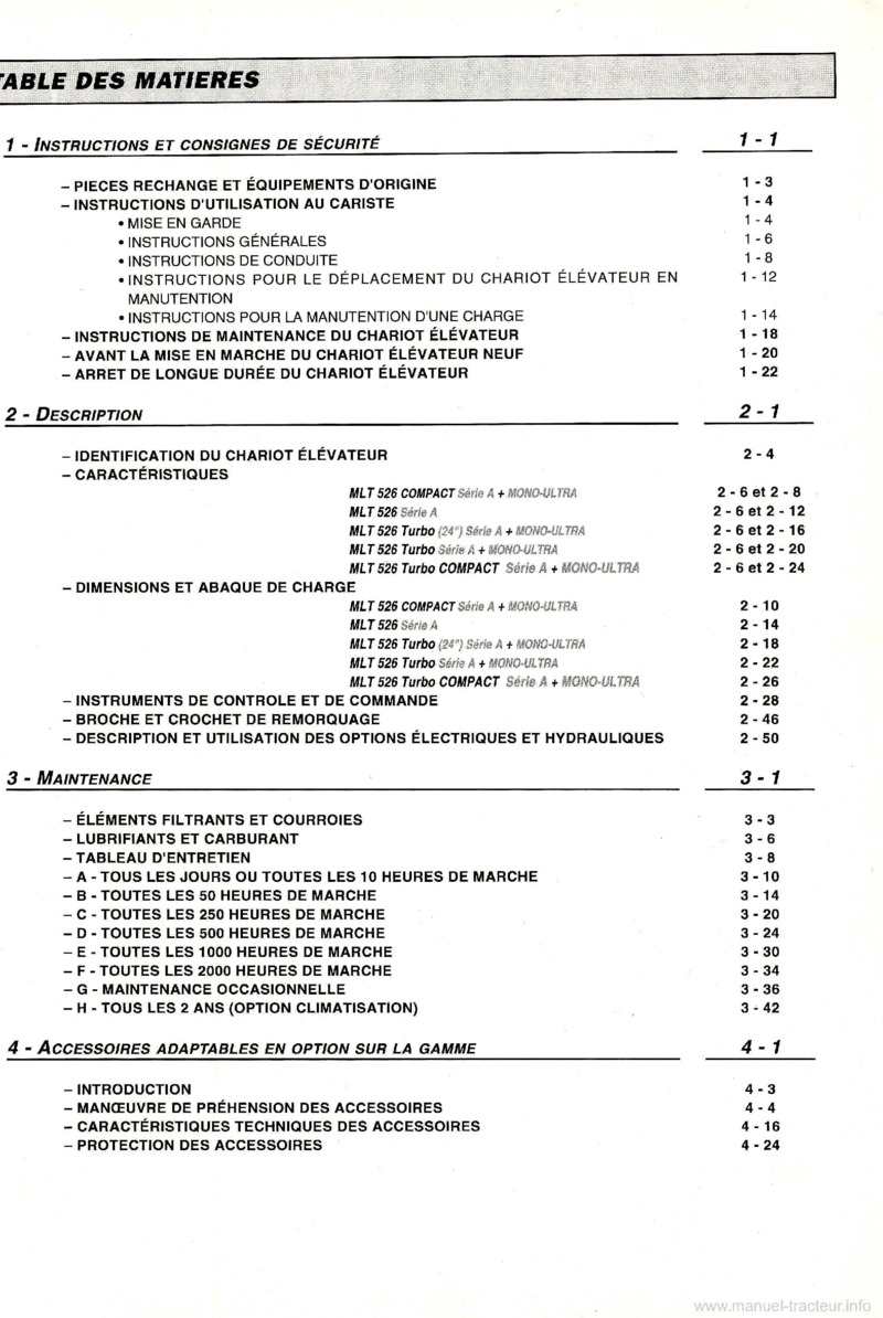 Deuxième page du Notice d'instructions chariot élévateur MANITOU MLT 526 Compact Turbo