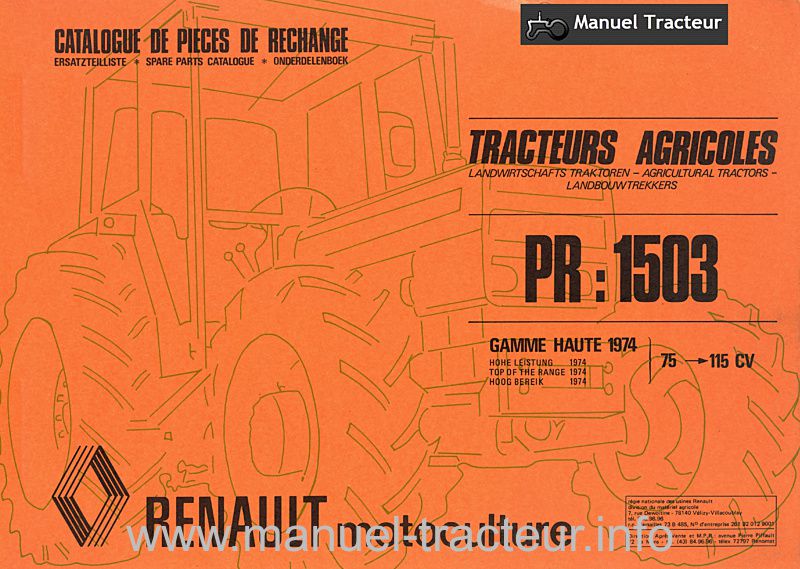 Première page du Catalogue pièces détachées RENAULT 751 851 951 751.4 851.4 951.4 PR1503