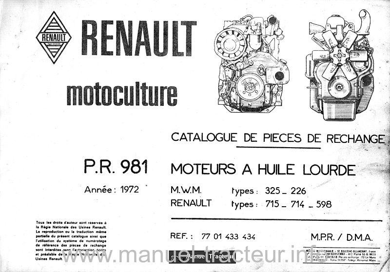 Première page du Catalogue pièces rechange Renault P.R. 981