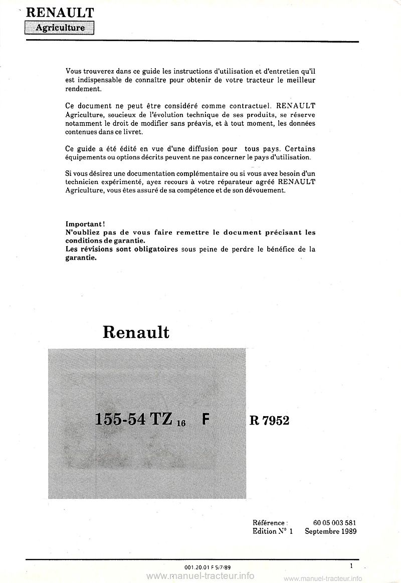 Première page du Guide entretien tracteur Renault 155-54 TZ