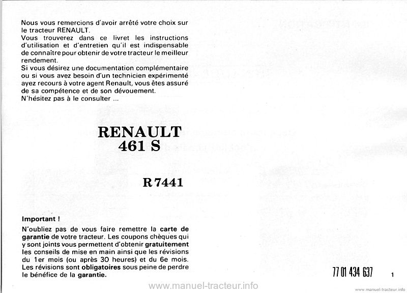 Deuxième page du Livret entretien Renault 461s