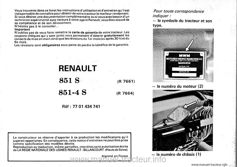 Deuxième page du Guide entretien Renault 851s 851-4s