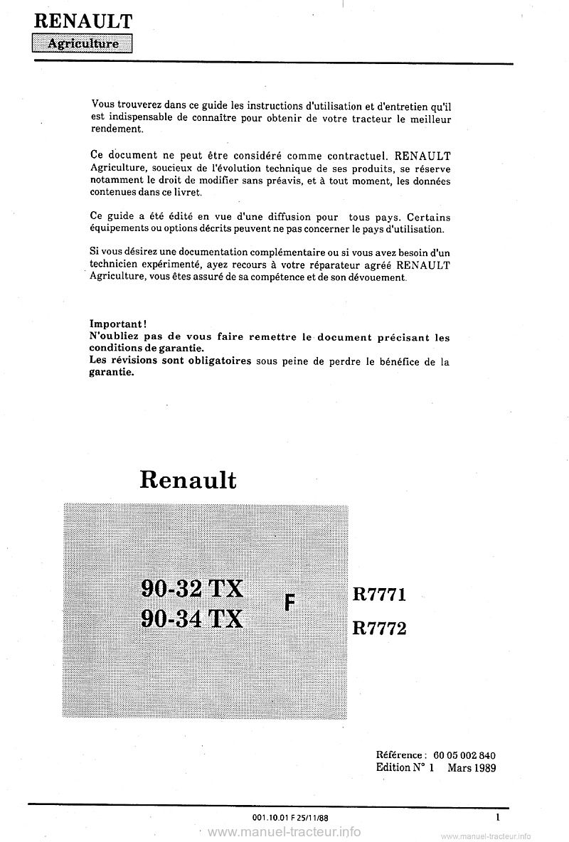 Première page du Guide entretien Renault 90.32TX 90.34TX