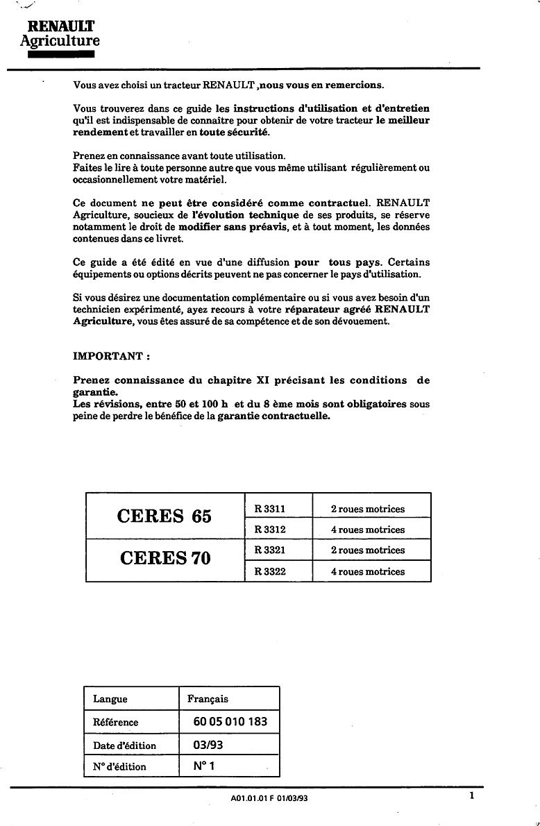 Deuxième page du Guide d'entretien et d'utilisation pour les tracteurs Renault CERES 65 70