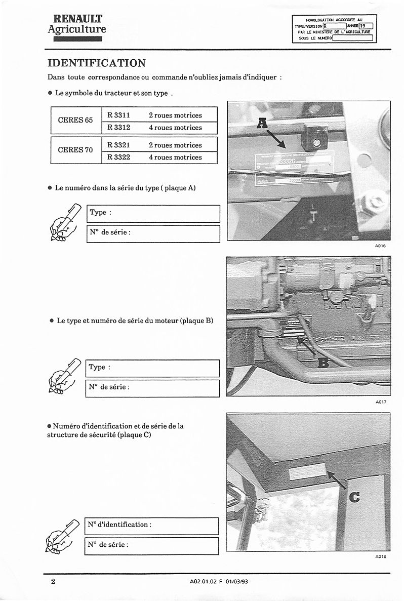 Quatrième page du Guide d'entretien et d'utilisation pour les tracteurs Renault CERES 65 70
