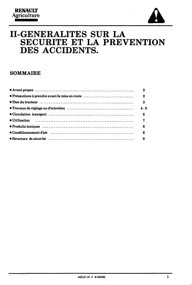 Cinquième page du Guide d'entretien et d'utilisation pour les tracteurs Renault CERES 65 70