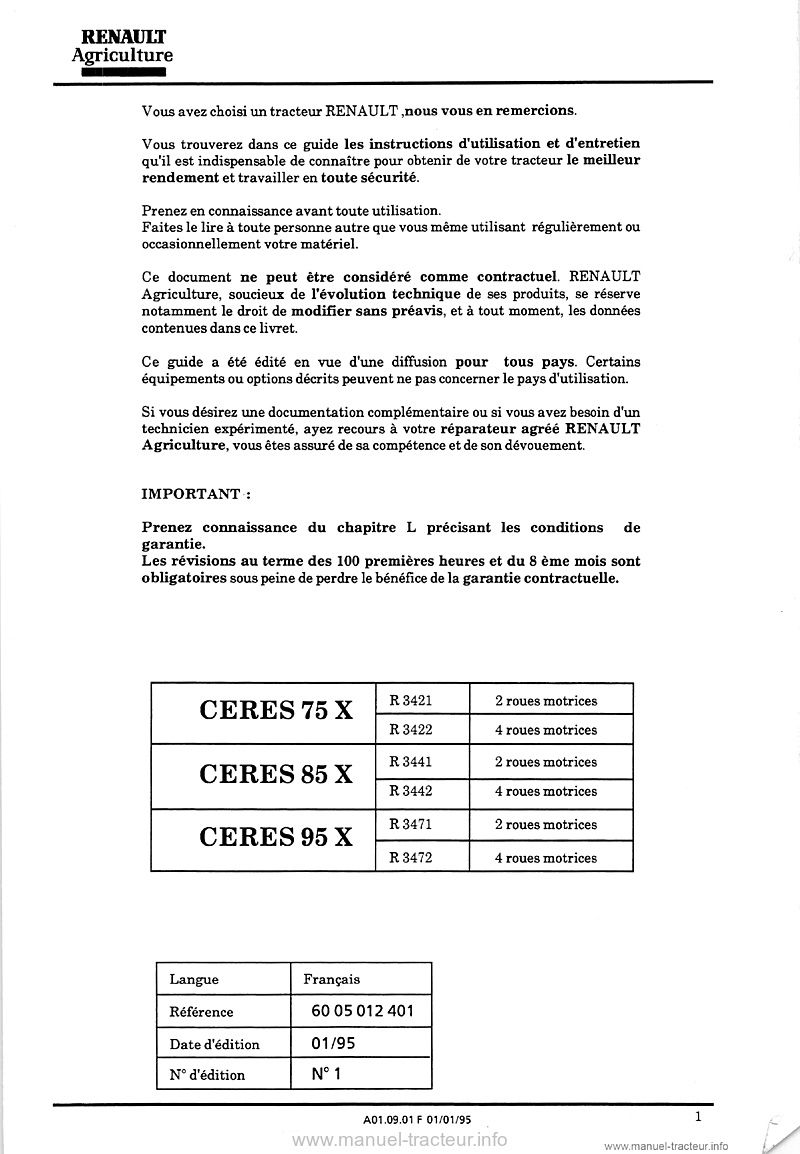 Première page du Guide entretien Renault Ceres 75X 85X 95X 