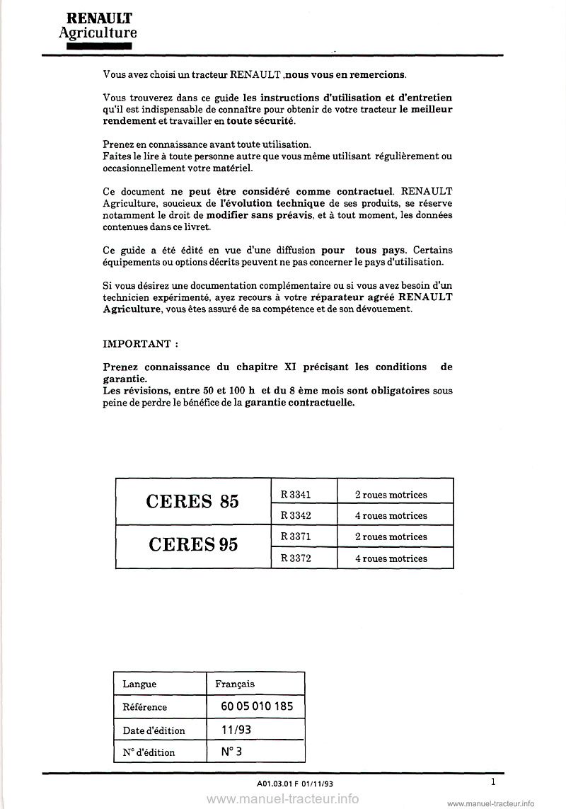 Première page du Guide entretien Renault Ceres 85 95