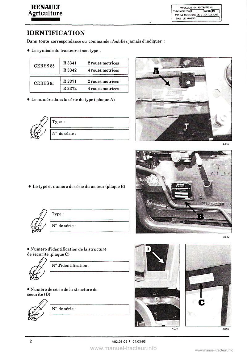 Troisième page du Guide entretien Renault Ceres 85 95