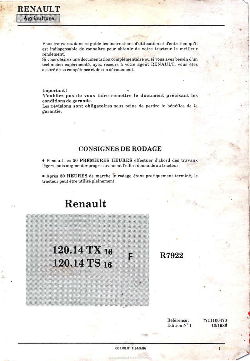 Première page du Guide instructions tracteurs Renault 120.14TX16 120.14TS16