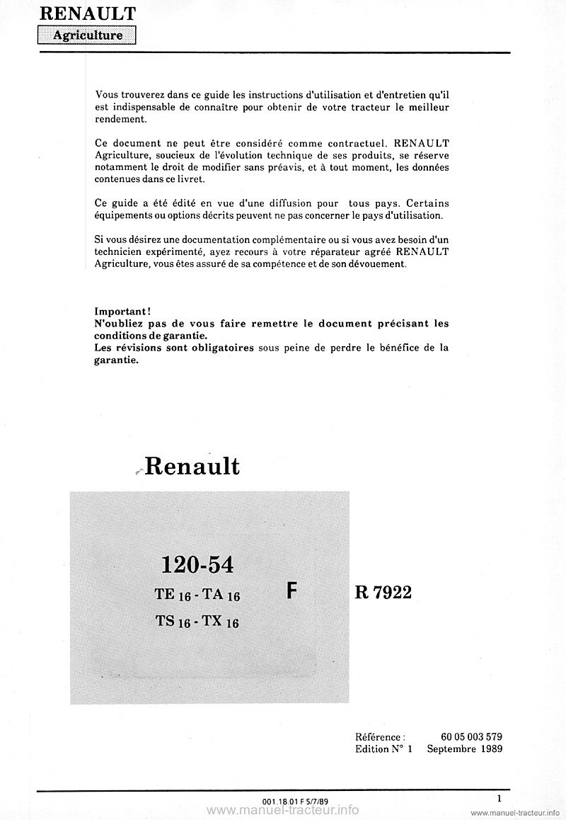 Première page du Guide entretien Renault 120-54 TE16 TA16 TS16 TX16